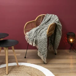 Plaid ethnique frange motif carreaux ecru/noir - 150x120 cm-Home Deco Factory Outlet