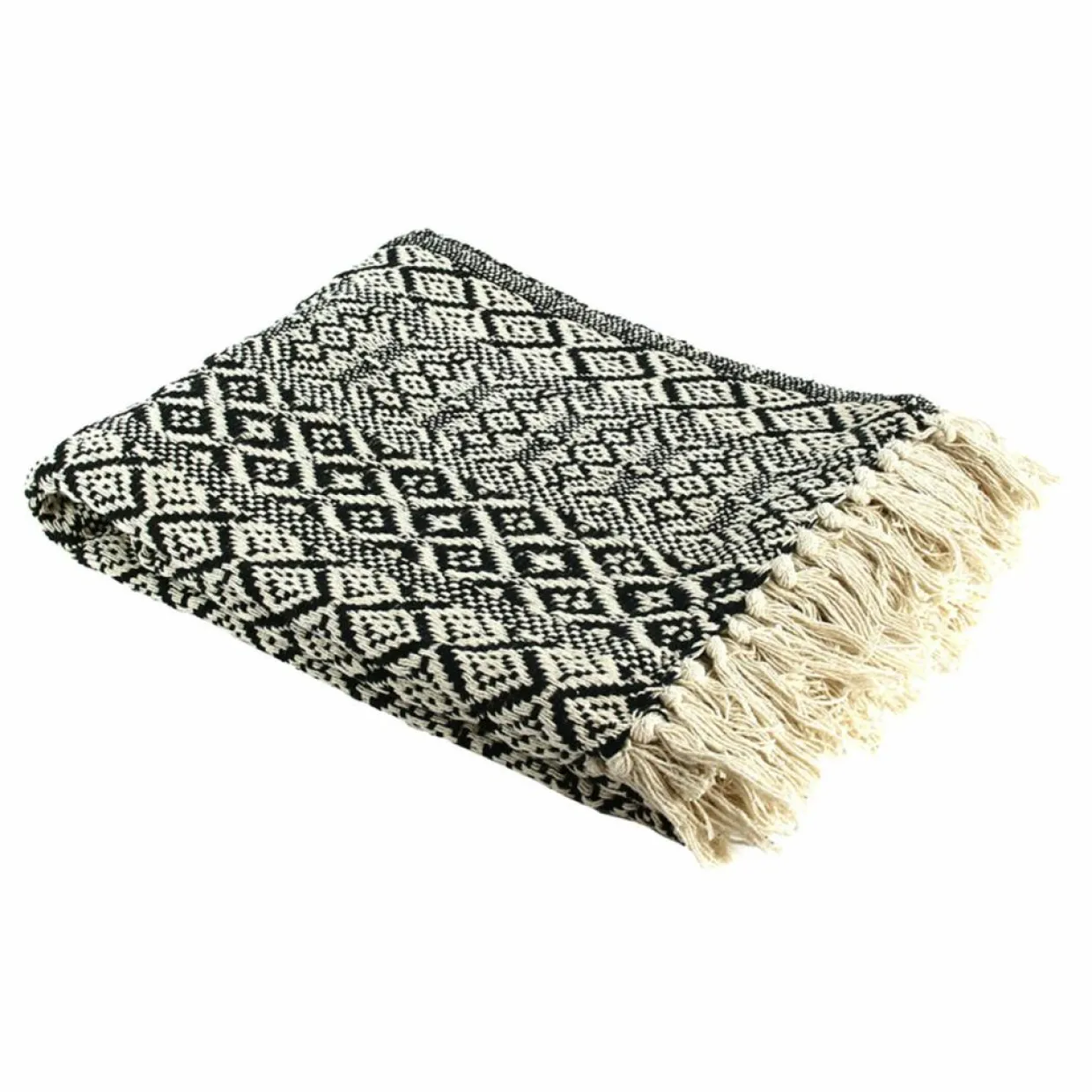 Plaid ethnique frange motif carreaux ecru/noir - 150x120 cm-Home Deco Factory Outlet