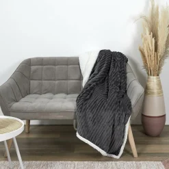 Plaid flanelle cotelé sherpa gris - 180x220 cm-Home Deco Factory Outlet