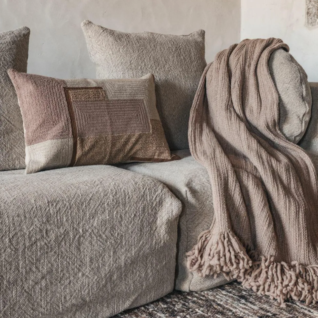Bed and Philosophy Plaids^Plaid frangé en laine & coton beige 140x220 cm