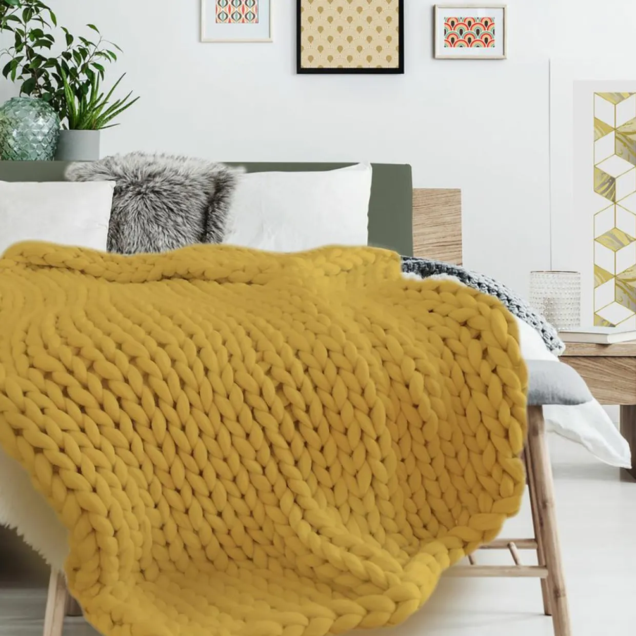 Plaid grosse maille chunky jaune - 150x120 cm-Home Deco Factory New