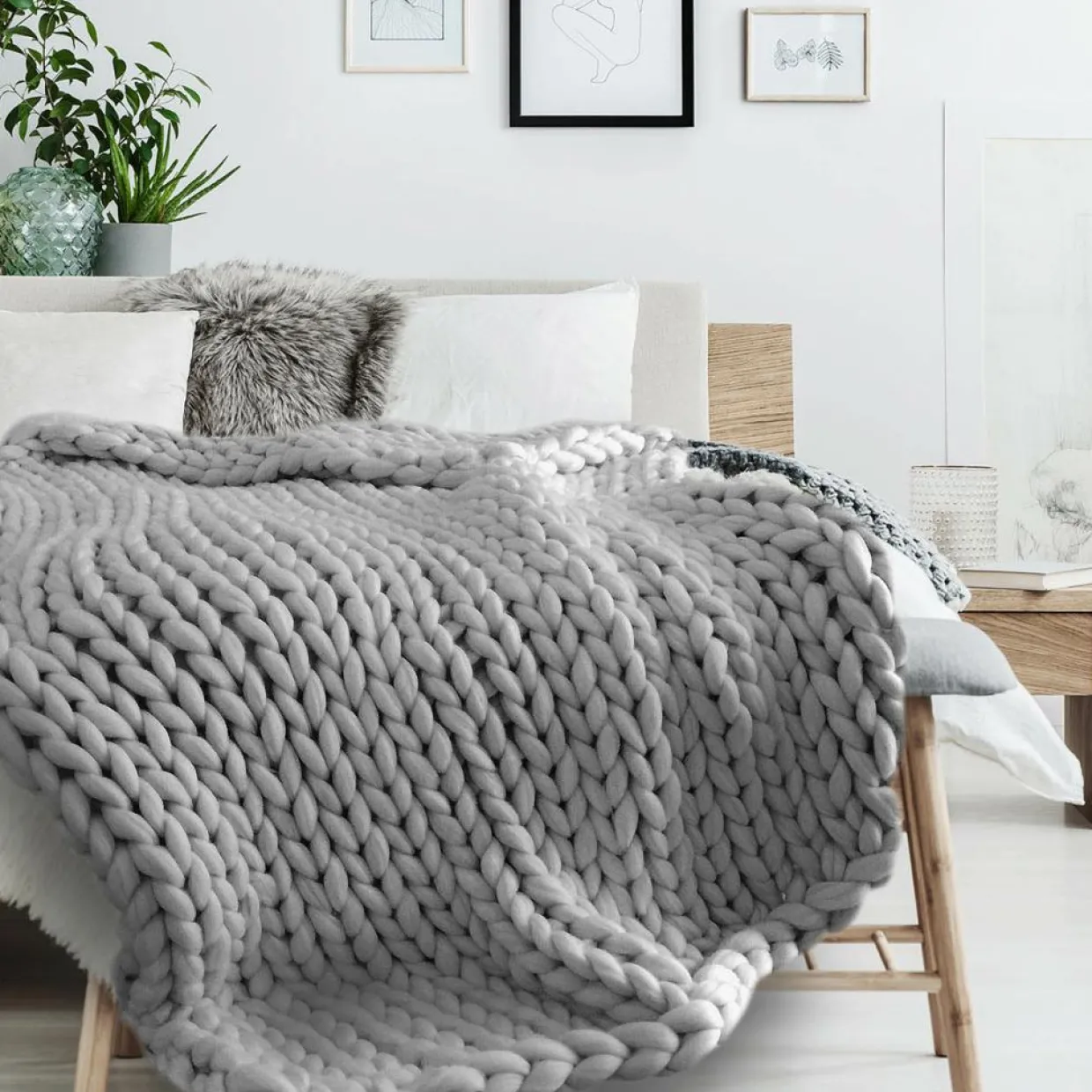 Plaid grosse maille Chunky gris - 150x120 cm-Home Deco Factory Sale