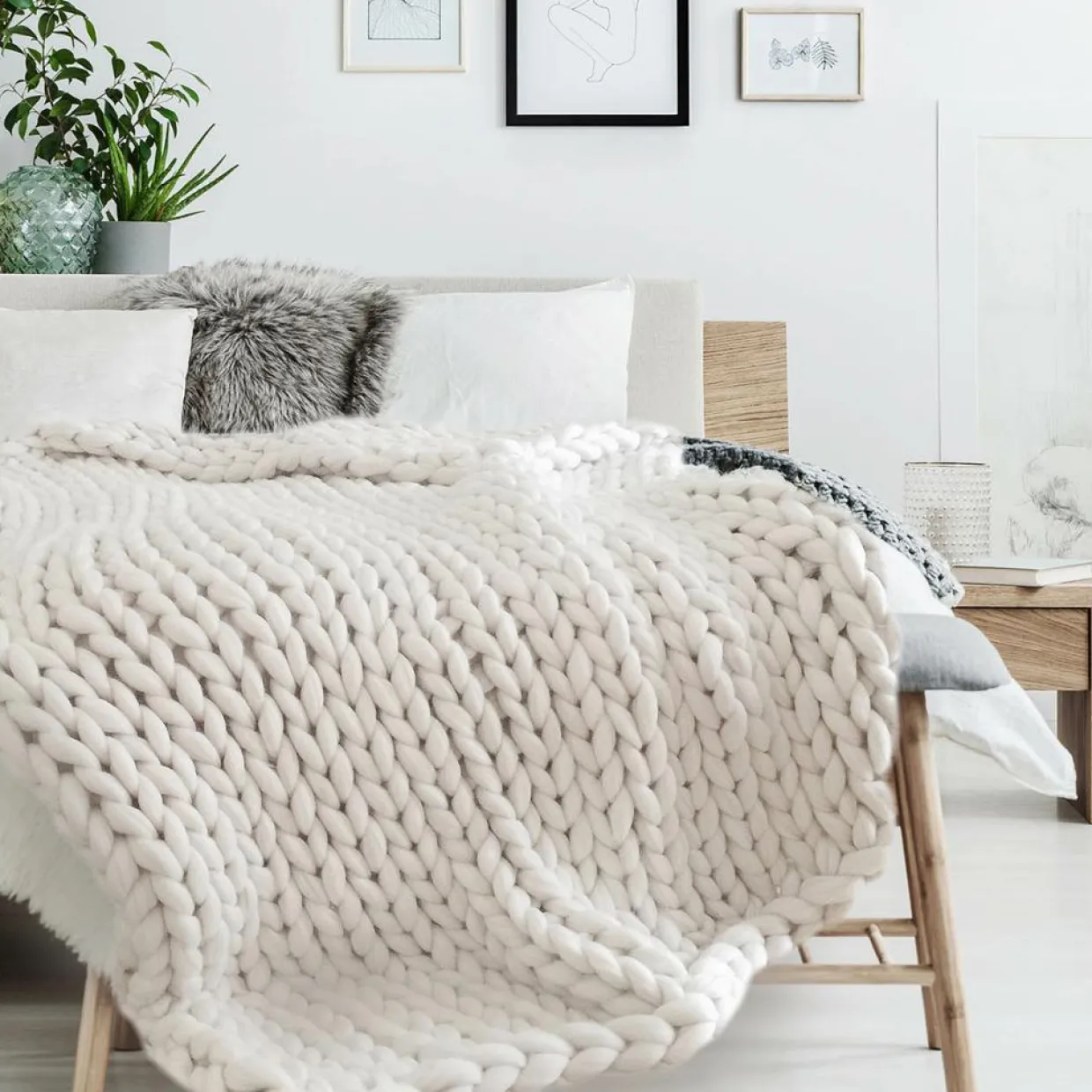 Home Deco Factory Plaids^Plaid grosse maille Chunky écru - 150x120 cm