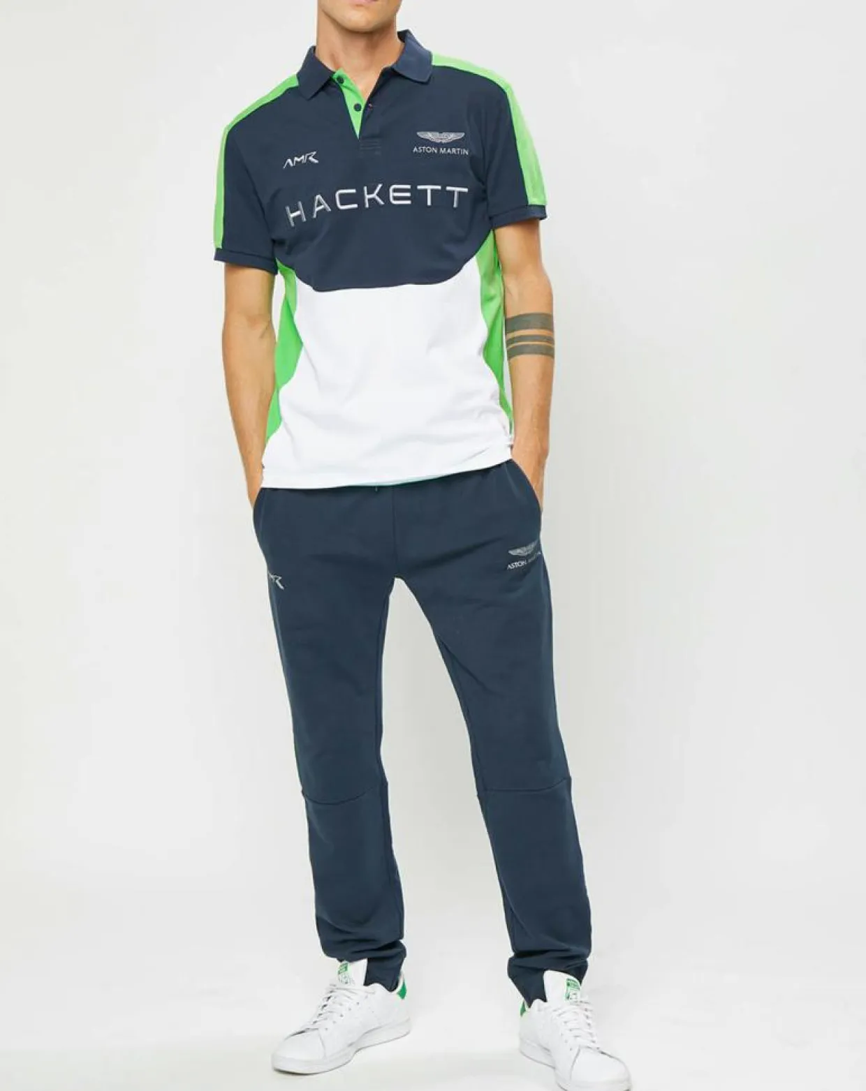 Homme Hackett London Polos^Polo Droit Multi Patch Aston Martin Racing bleu/blanc/vert fluo