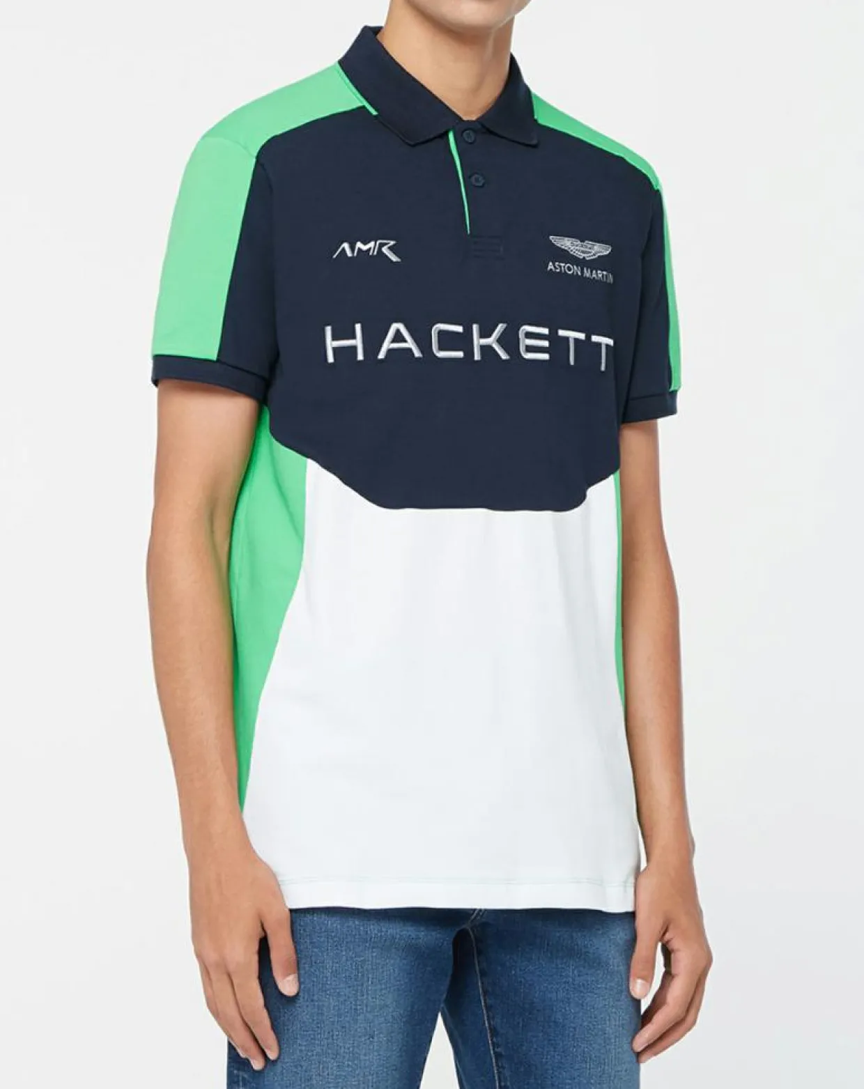 Homme Hackett London Polos^Polo Droit Multi Patch Aston Martin Racing bleu/blanc/vert fluo