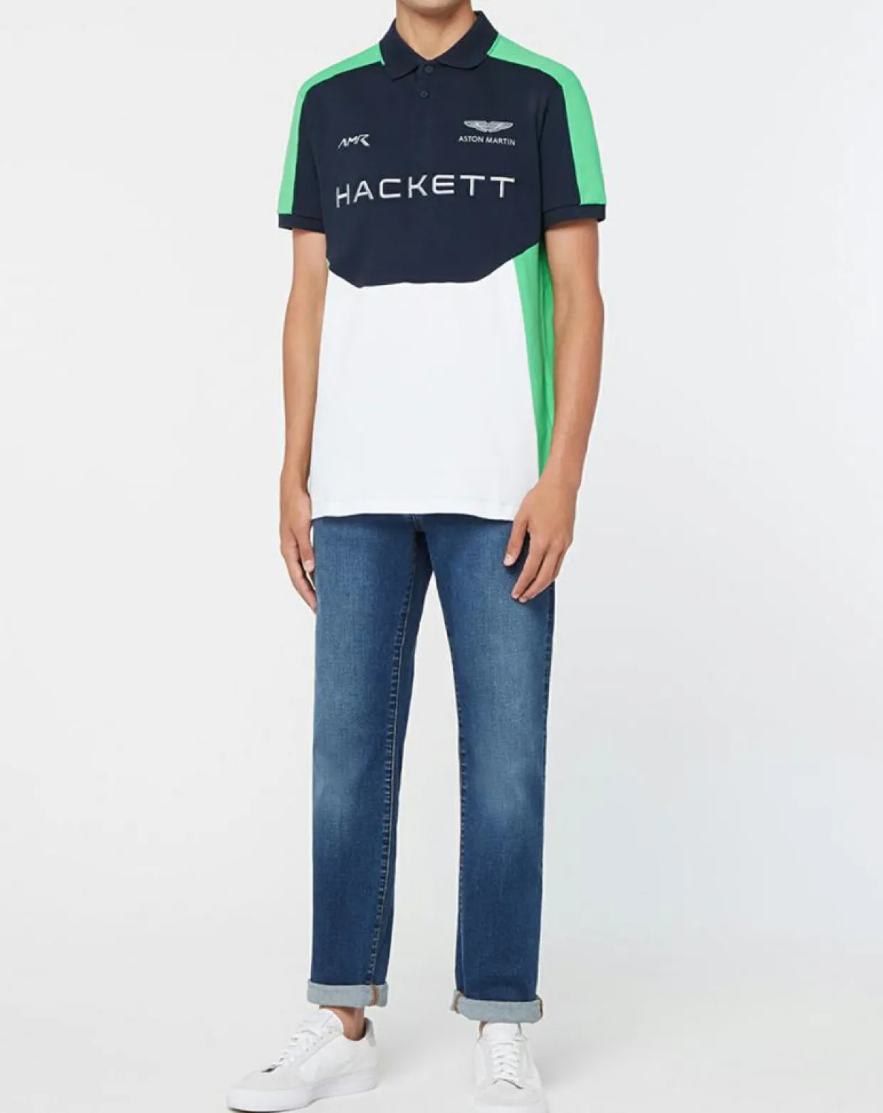 Homme Hackett London Polos^Polo Droit Multi Patch Aston Martin Racing bleu/blanc/vert fluo