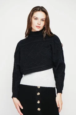 Poncho court col roulé noir-C&Jo Online