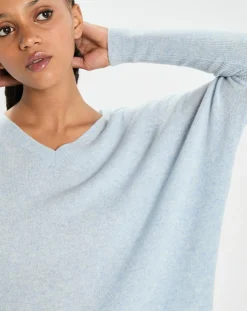 Femme Cashmere Tribu Pulls^Poncho large 100% Cachemire col V Emma icy blue