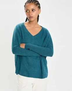 Femme Cashmere Tribu Pulls^Poncho large 100% Cachemire col V Emma heather teal