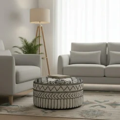 Bois & Chiffons Poufs^Pouf tribal rond 90 cm Acacia M&M offer Gris argent - 90x90x45 cm