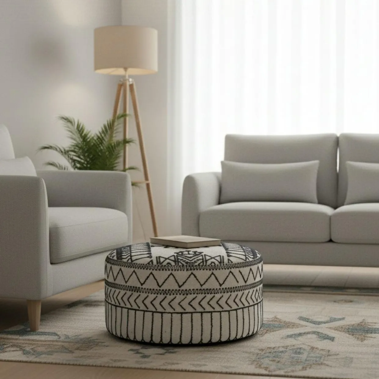 Bois & Chiffons Poufs^Pouf tribal rond 90 cm Acacia M&M offer Gris argent - 90x90x45 cm