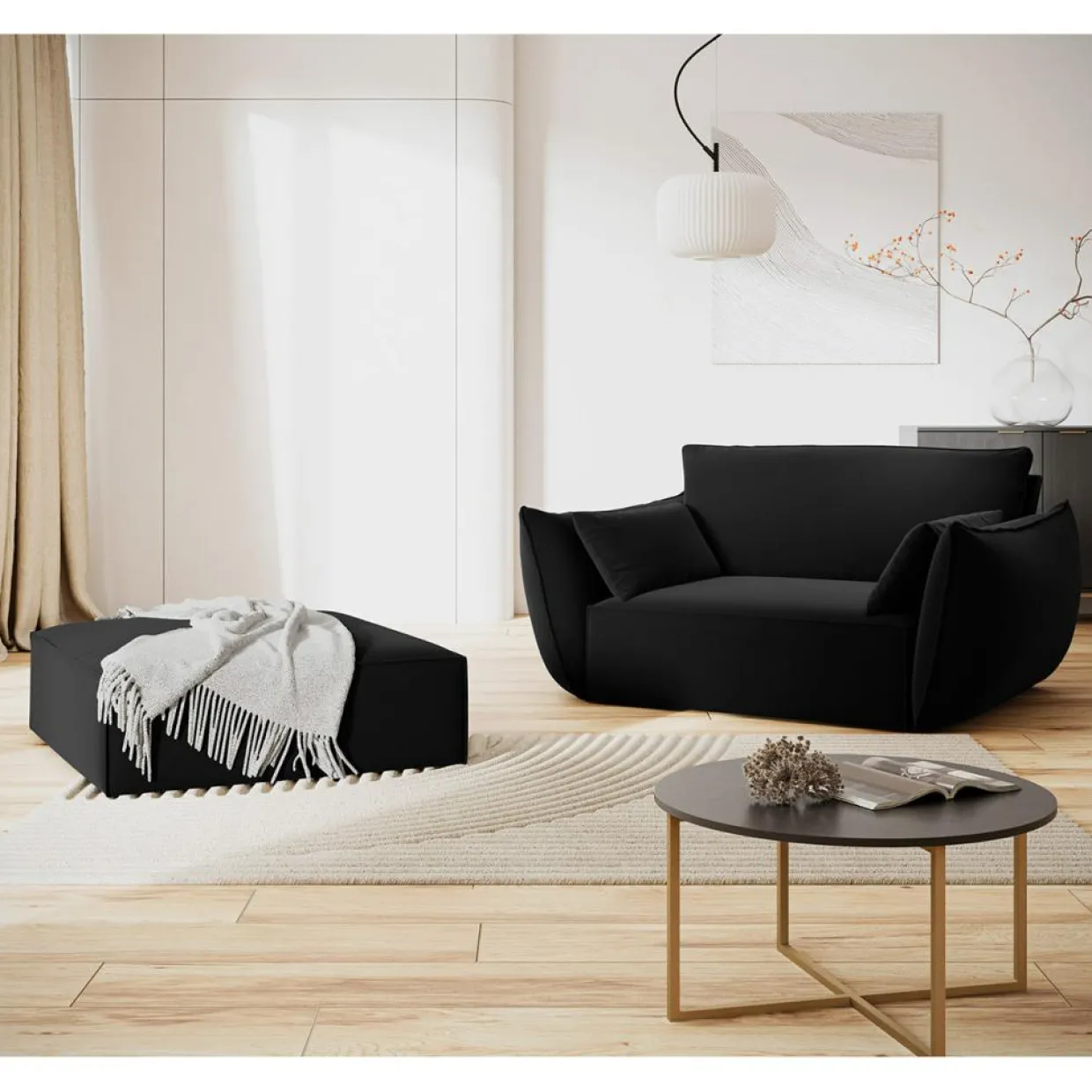 Mazzini Sofas Poufs^Pouf Velours Vanda noir - 100x80x36 cm