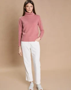 Femme Oscar et Louise Pulls^Pull 100% Cachemire 4 fils Audrey col roulé vieux rose