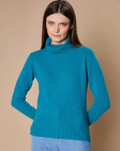 Femme Oscar et Louise Pulls^Pull 100% Cachemire 4 fils Audrey col roulé vert canard