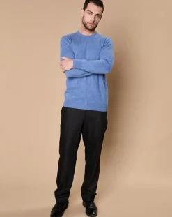Homme Oscar et Louise Pulls^Pull 100% Cachemire 4 fils Harry col rond bleu
