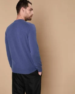 Homme Oscar et Louise Pulls^Pull 100% Cachemire 4 fils Harry col rond bleu denim