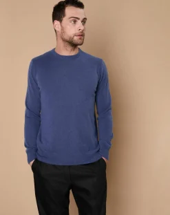 Homme Oscar et Louise Pulls^Pull 100% Cachemire 4 fils Harry col rond bleu denim