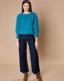 Pull 100% Cachemire 4 fils Jane col bateau bleu paon-Oscar et Louise Clearance