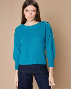 Pull 100% Cachemire 4 fils Jane col bateau bleu paon-Oscar et Louise Clearance