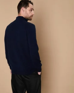 Homme Oscar et Louise Pulls^Pull 100% Cachemire 4 fils John col camionneur bleu marine/gris