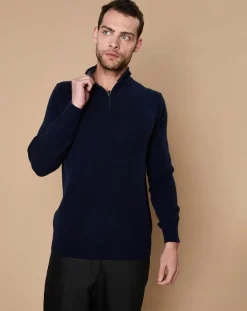 Homme Oscar et Louise Pulls^Pull 100% Cachemire 4 fils John col camionneur bleu marine/gris