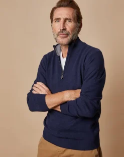 Homme Oscar et Louise Pulls^Pull 100% Cachemire 4 fils John col camionneur bleu marine/gris