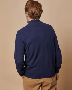 Homme Oscar et Louise Pulls^Pull 100% Cachemire 4 fils John col camionneur bleu marine/gris