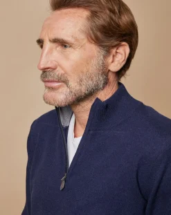 Homme Oscar et Louise Pulls^Pull 100% Cachemire 4 fils John col camionneur bleu marine/gris