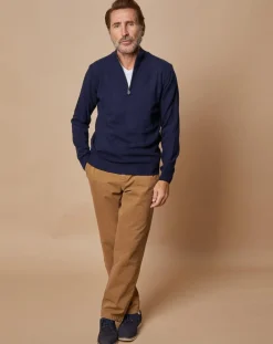 Homme Oscar et Louise Pulls^Pull 100% Cachemire 4 fils John col camionneur bleu marine/gris