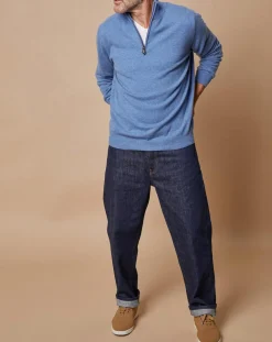 Pull 100% Cachemire 4 fils John col camionneur bleu denim clair/gris-Oscar et Louise Clearance