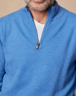 Homme Oscar et Louise Pulls^Pull 100% Cachemire 4 fils John col camionneur bleu vif/gris