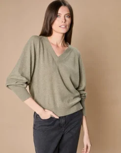 Pull 100% Cachemire 4 fils Romy col V profond kaki clair-Oscar et Louise Best