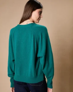 Femme Oscar et Louise Pulls^Pull 100% Cachemire 4 fils Romy col V profond vert canard