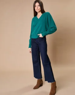 Femme Oscar et Louise Pulls^Pull 100% Cachemire 4 fils Romy col V profond vert canard