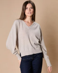 Pull 100% Cachemire 4 fils Romy col V profond écru chiné-Oscar et Louise Discount