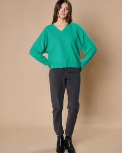 Femme Oscar et Louise Pulls^Pull 100% Cachemire 4 fils Romy col V profond chlorophylle