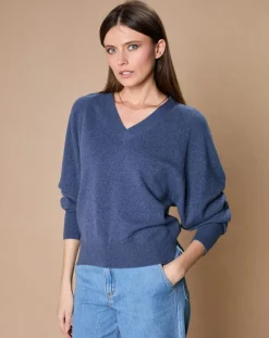 Pull 100% Cachemire 4 fils Romy col V profond bleu denim-Oscar et Louise Online