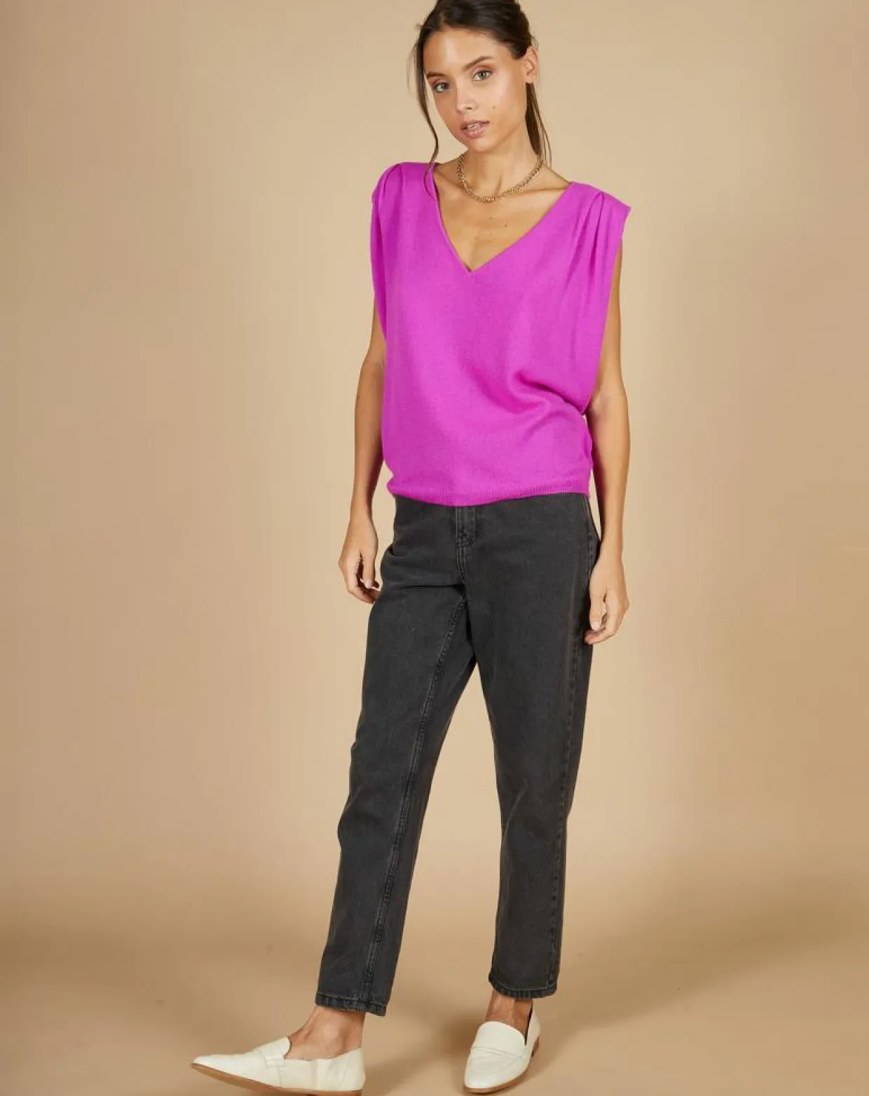 Pull 100% Cachemire Bella épaulettes violet fluo-Cashmere Tribu Online