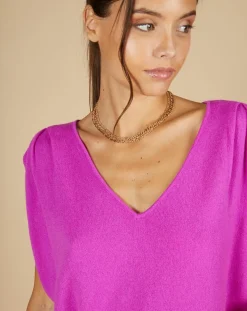 Pull 100% Cachemire Bella épaulettes violet fluo-Cashmere Tribu Online