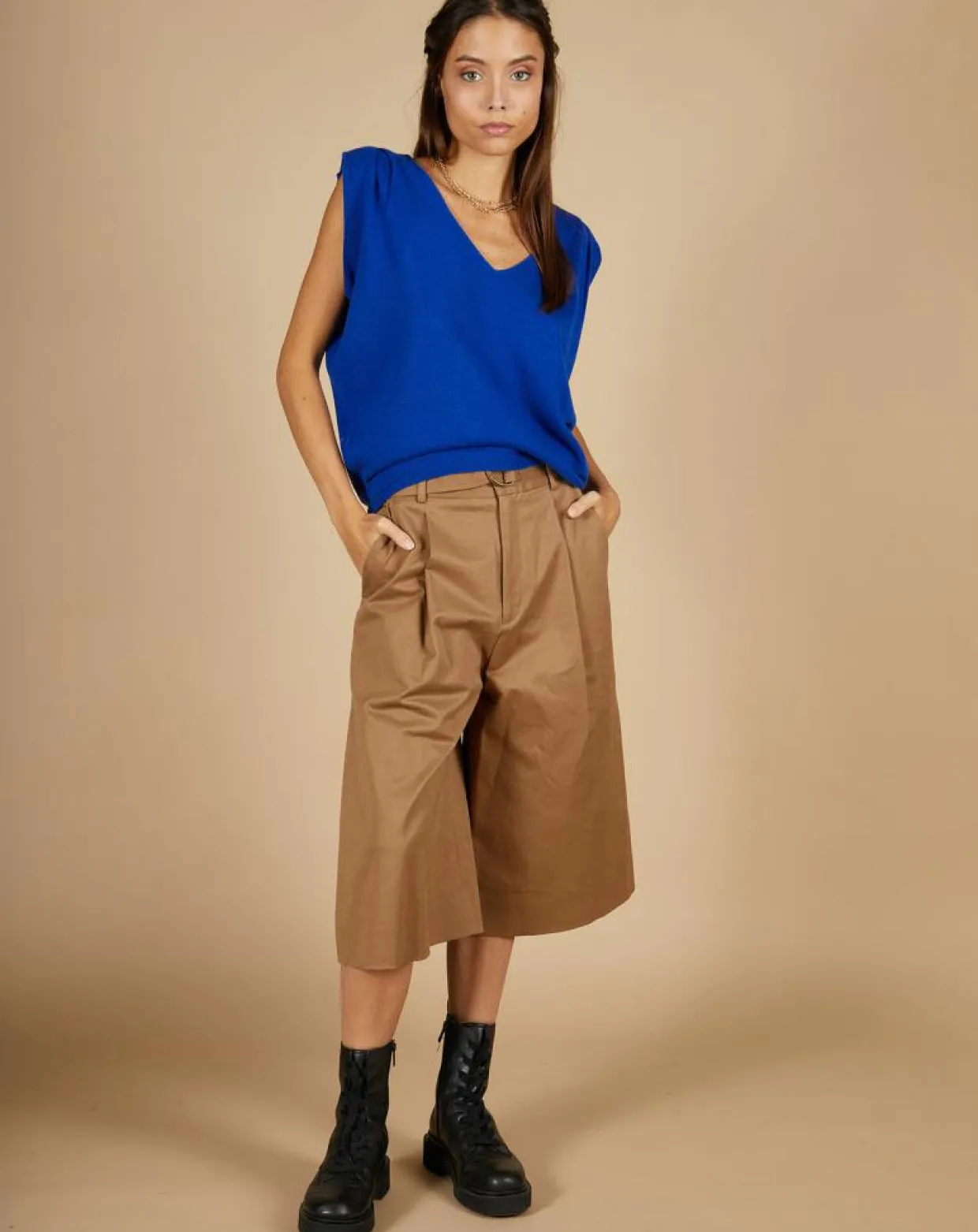 Pull 100% Cachemire Bella épaulettes bleu électrique-Cashmere Tribu Outlet