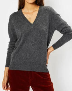 Pull 100% Cachemire Chou col V gris foncé-Galeries Lafayette Clearance