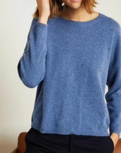 Pull 100% Cachemire Clémence Col rond bleu chiné-Miss Cashmere