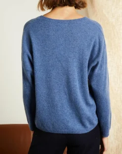 Pull 100% Cachemire Clémence Col rond bleu chiné-Miss Cashmere