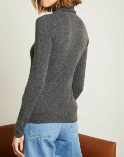 Pull 100% Cachemire col roulé gris chiné foncé-Miss Cashmere Online