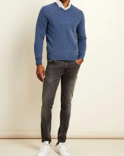 Pull 100% Cachemire col V Dublin bleu-Uverny Outlet