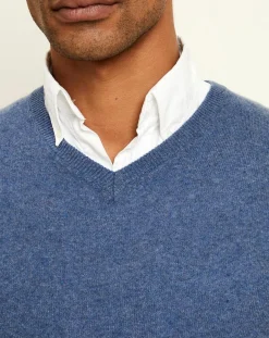Pull 100% Cachemire col V Dublin bleu-Uverny Outlet