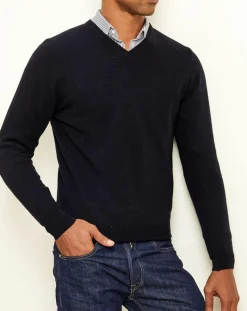 Homme Uverny Pulls^Pull 100% Cachemire col V Dublin bleu marine