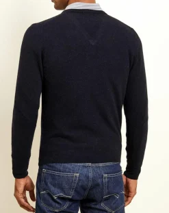 Homme Uverny Pulls^Pull 100% Cachemire col V Dublin bleu marine