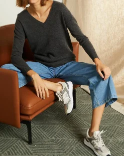 Femme Miss Cashmere Pulls^Pull 100% Cachemire col V profond gris chiné foncé