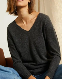 Femme Miss Cashmere Pulls^Pull 100% Cachemire col V profond gris chiné foncé